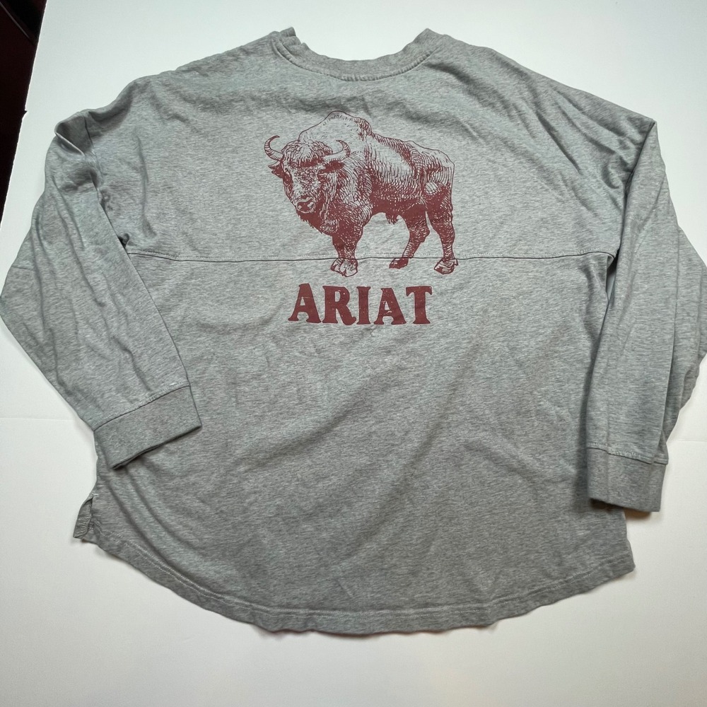 Ariat Mens XL Gray Long Sleeve Bison Graphic T-Shirt Oversize Fit Western Logo - Picture 5 of 10
